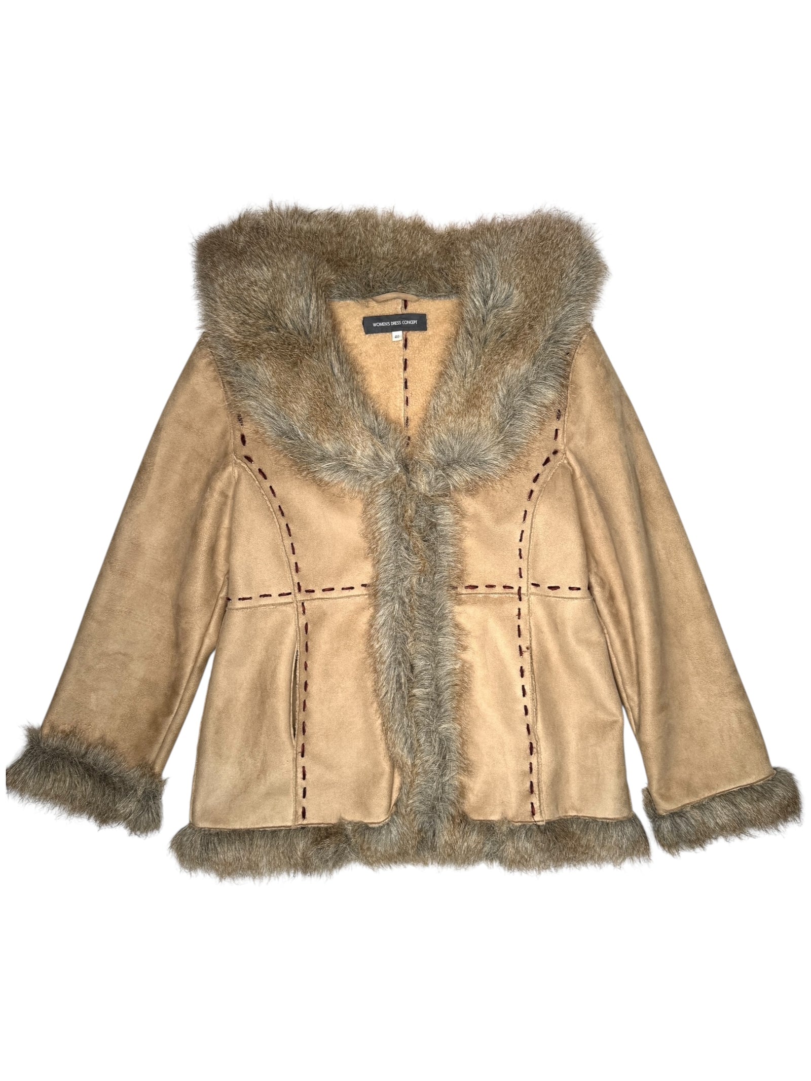 Vintage 2000s Y2K Bohemian Hippie Tan Faux Fur Trim Velour Button Down Winter Jacket Coat | Size L