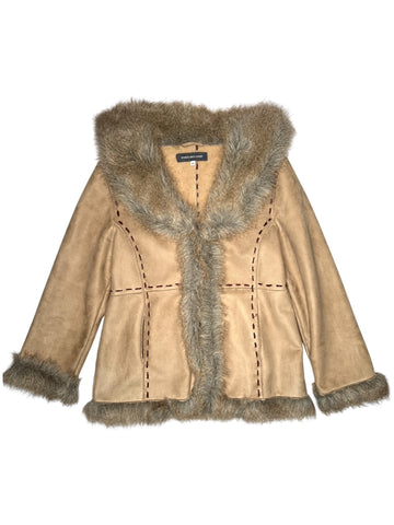 Vintage 2000s Y2K Bohemian Hippie Tan Faux Fur Trim Velour Button