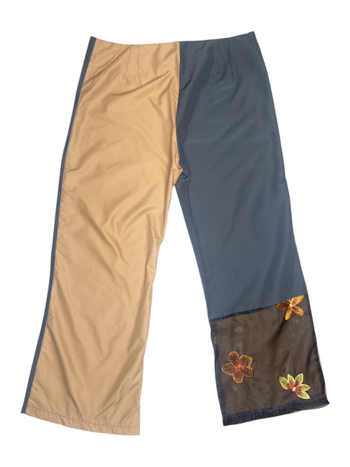 Vintage 2000s Custo Barcelona Deadstock Tan & Grey Colourblock Mid Rise Capri Pants with Mesh Embroidered Floral Detail | 30 Inch Waist