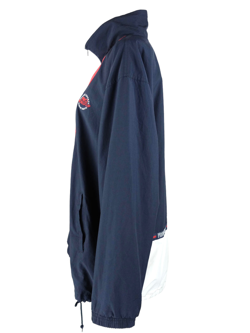 Vintage 2000s Y2K Pro World Cup Navy Blue Red & White High Roll Neck Zip Up Windbreaker Track Jacket | Men’s Size 3XL