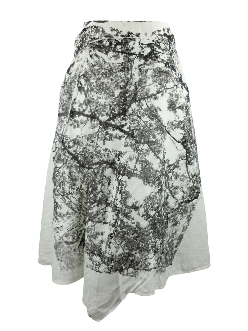 Vintage 2000s Y2K Bohemian Screenprinted Linen Asymmetrical White & Black Nature Tree Print Midi Skirt | 31 Inch Waist