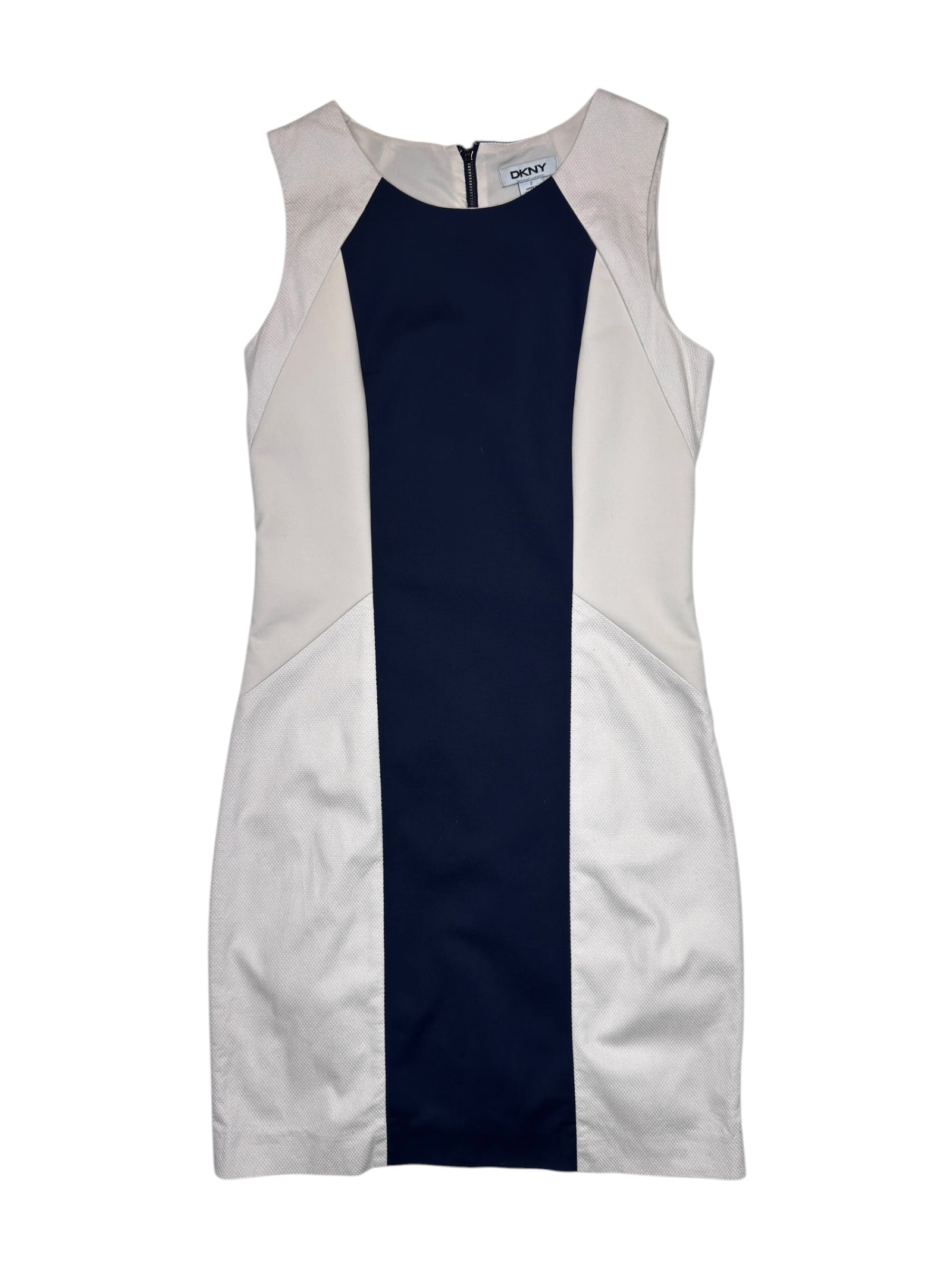 Vintage 2000s DKNY Blue & Grey Knee Length Sleeveless Fitted Midi Pencil Dress | Size XS-S