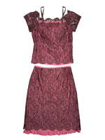 Vintage 2000s KENZO JUNGLE Pink & Brown Lace Cap Sleeve Top & Ruffle Knee-Length Skirt Two-Piece Set | Size S