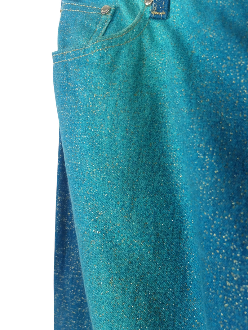 Vintage 2000s Y2K Roberto Cavalli Teal Metallic Glitter Straight Leg Jeans | 33 Inch Waist