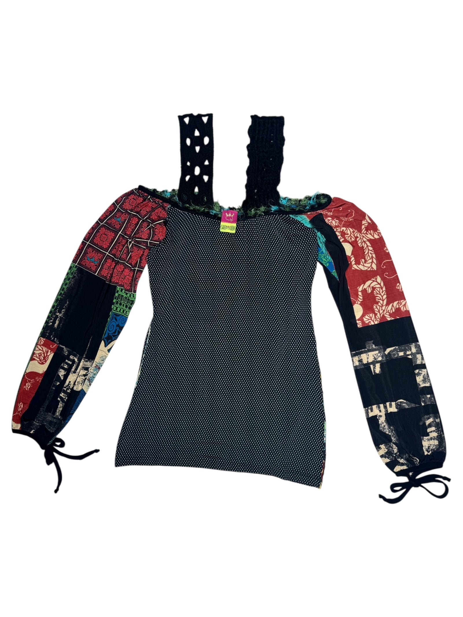 Vintage 2000s Y2K Save The Queen Subversive Off-the-Shoulder Abstract Multicoloured Patchwork Print Long Sleeve Blouse | Size M