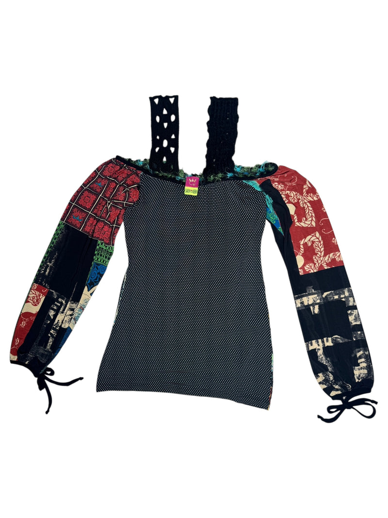 Vintage 2000s Y2K Save The Queen Subversive Off-the-Shoulder Abstract Multicoloured Patchwork Print Long Sleeve Blouse | Size M