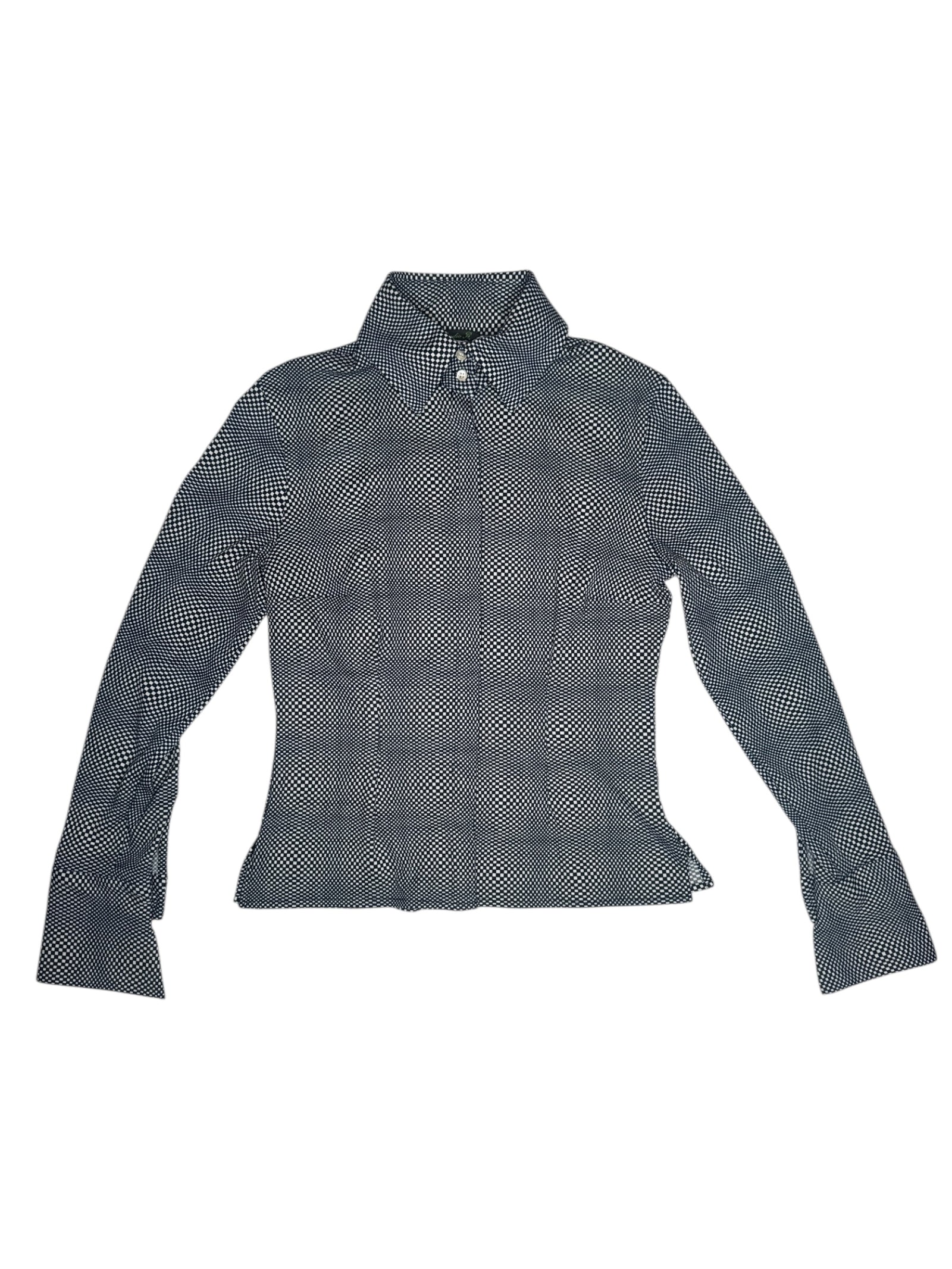 Vintage 2000s Op-Art Navy Blue & White Checkered Patterned Collared Long Sleeve Button Up Shirt | Size S-M