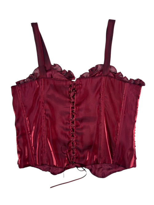 Vintage 2000s Maroon Mesh Sleeveless Lace Up Corset Top with Ruffled Trim | Size L