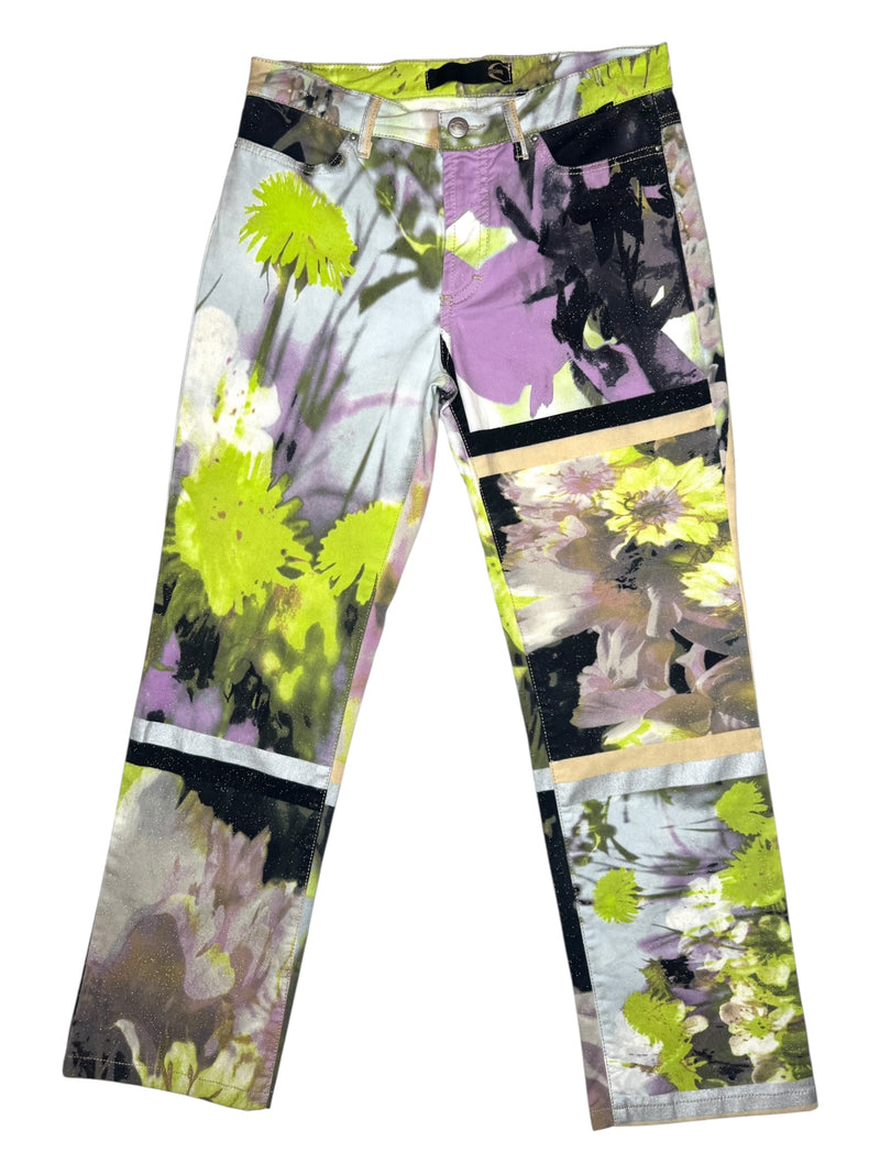 Vintage 2000s Y2K Just Cavalli Bohemian Grunge Mid-Rise Bright Green & Purple Abstract Floral Straight Leg Glitter Jeans | 28 Inch Waist