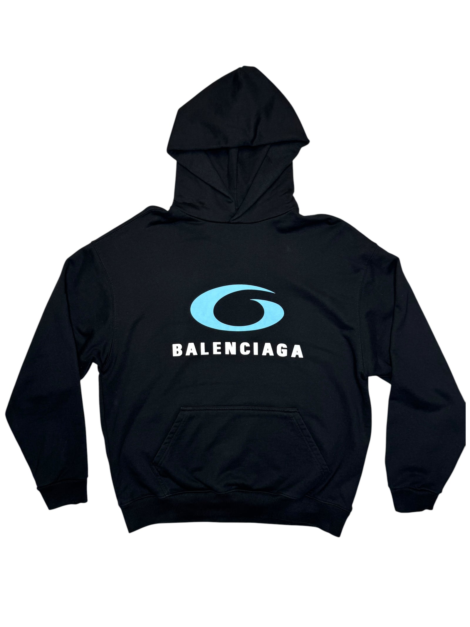 BALENCIAGA SS24 Loop Sports Icon Black & Blue Logo Oversized Hoodie | Size S