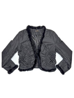 Vintage 2000s Black Padded Cropped Light Jacket with Faux Fur Trim & Ruched Rosette Detail | Size M