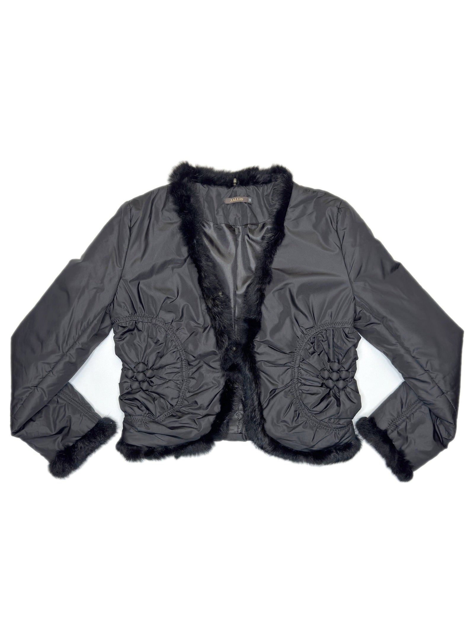 Vintage 2000s Black Padded Cropped Light Jacket with Faux Fur Trim & Ruched Rosette Detail | Size M