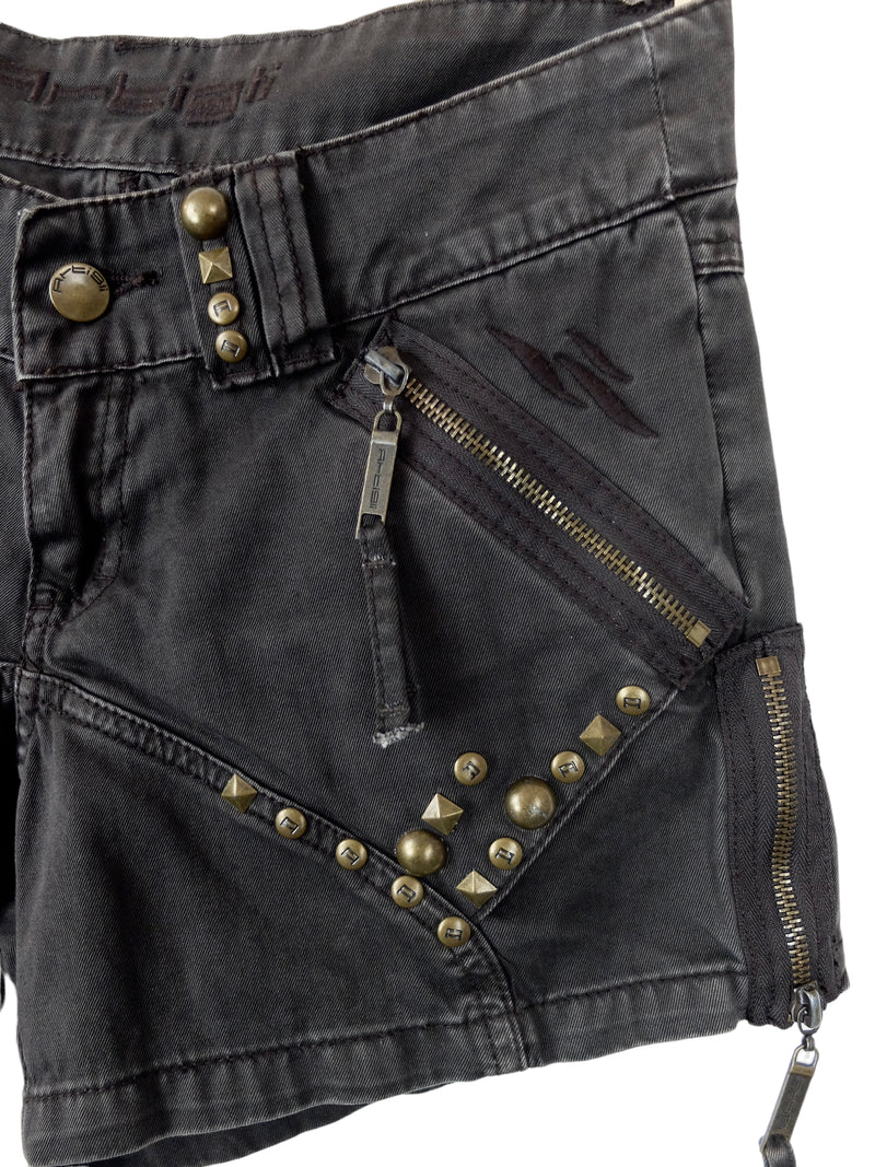 Vintage 2000s Y2K Low Rise Black Denim Gold Studded Short Shorts with Zipper Detail | 29 Inch Waist