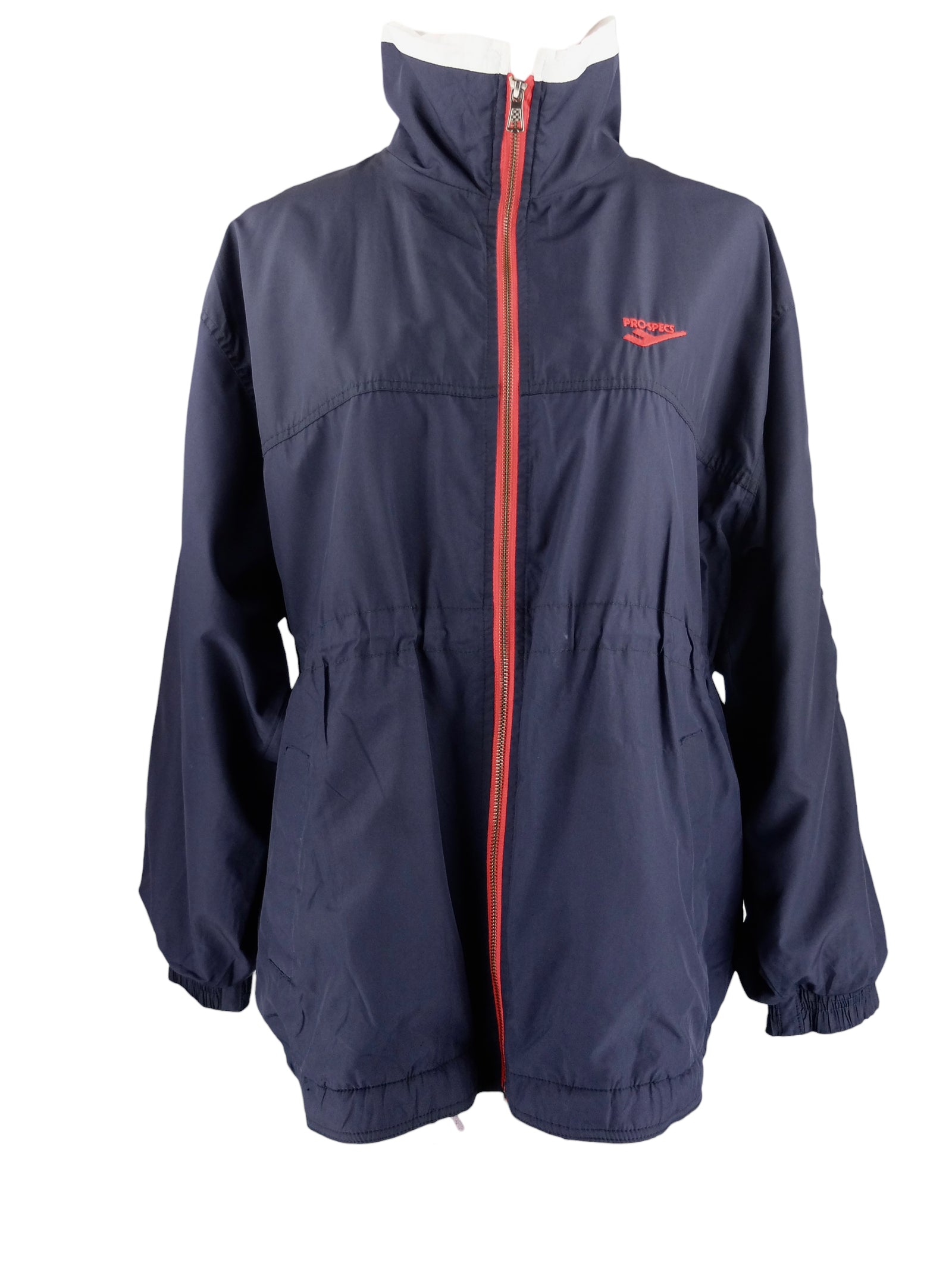 Vintage 90s Y2K Streetwear Athletic Navy Blue & Red High Roll Neck Hooded Zip Up Windbreaker Jacket with Embroidered Spellout Sleeve | Men’s Size XXL