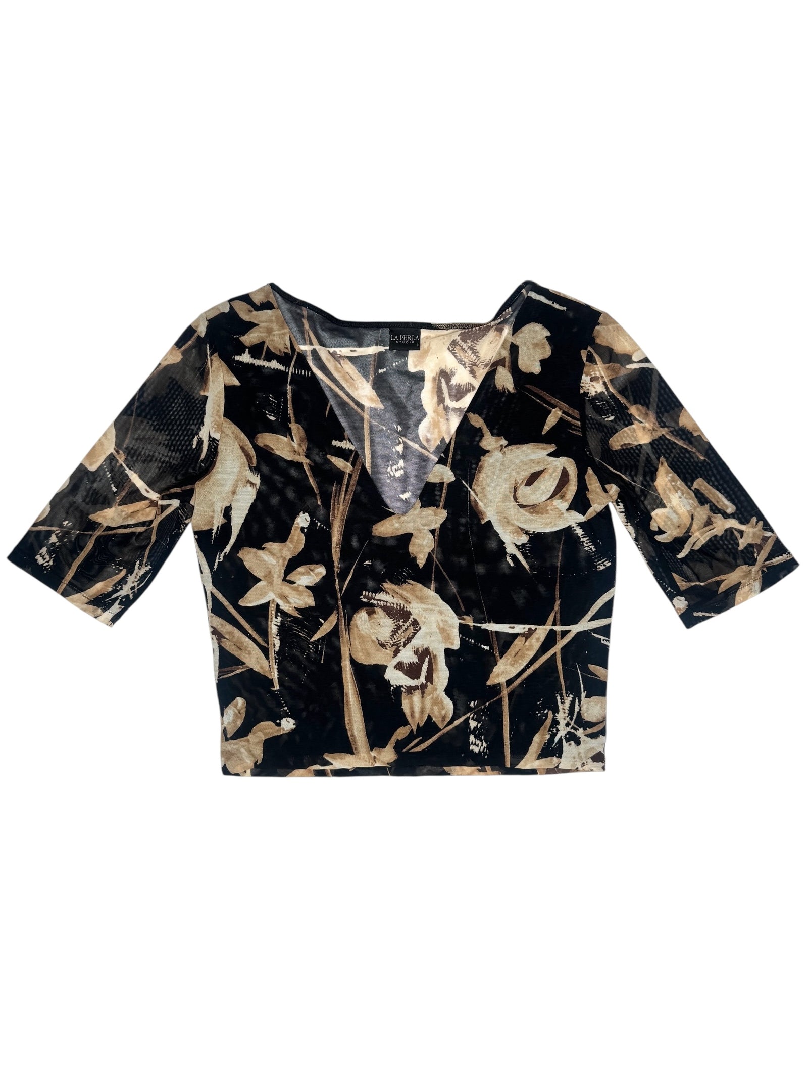 Vintage 2000s La Perla Navy Blue Floral Half Sleeve Mesh Top | Size L