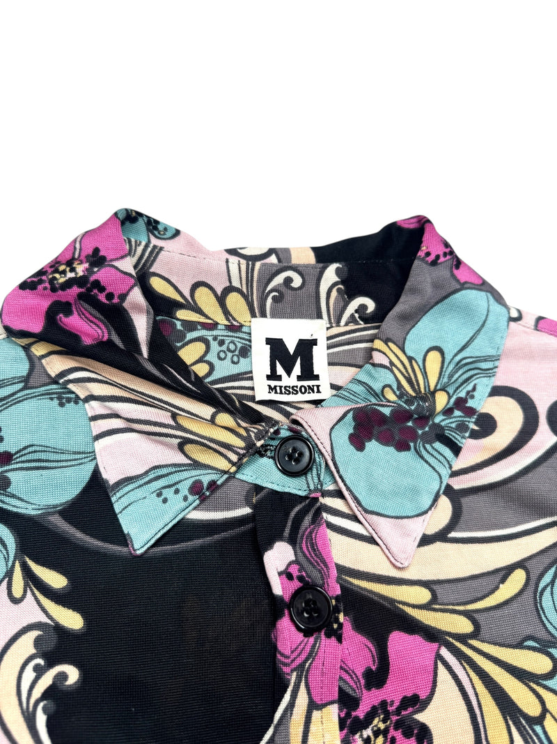 Vintage 2000s Y2K Missoni Silk Multicoloured Abstract Floral Collared Long Sleeve Button Up Blouse | Size S-M