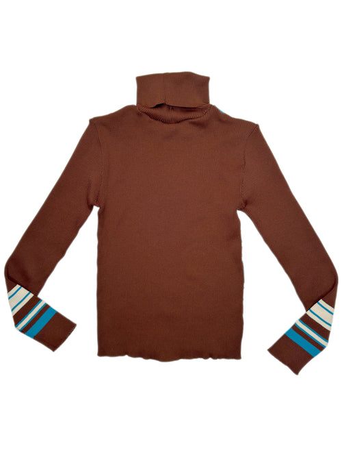 Vintage 70s Brown Blue & White Striped Ribbed Knit Fitted Long Sleeve Turtleneck Sweater | Size XS