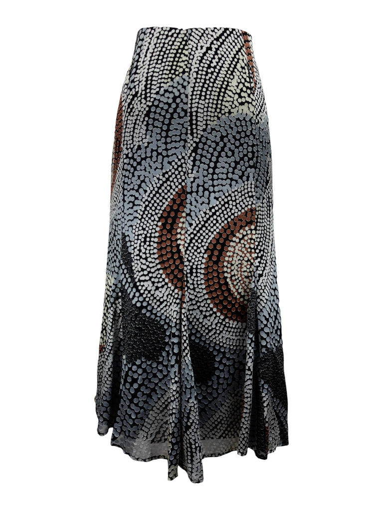 Vintage 90s Chic Bohemian Silk Blend Abstract Polka Dot Patterned Blue & Brown Floor Length Maxi Skirt