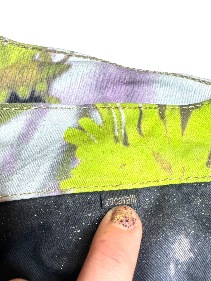 Vintage 2000s Y2K Just Cavalli Bohemian Grunge Mid-Rise Bright Green & Purple Abstract Floral Straight Leg Glitter Jeans | 28 Inch Waist