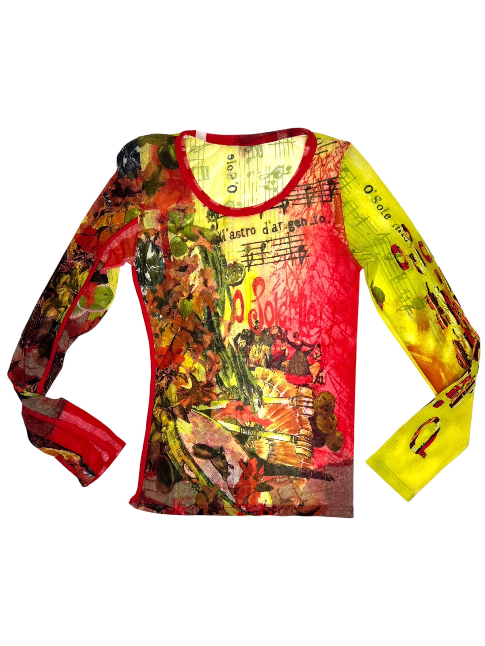 Vintage 2000s SAVE THE QUEEN Bright Red & Yellow Abstract Graphic Mesh Patchwork Long Sleeve Top | Size S