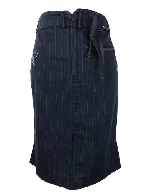 Vintage 2000s Y2K Gothic Grunge Subversive Black Pinstripe Patchwork Asymmetrical Wrap Knee Length Midi Skirt | 30 Inch Waist