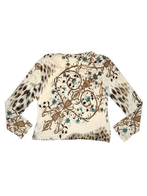 Vintage 2000s Roberto Cavalli Abstract Leopard Fleur-de-Lis Patterned Scoop Neck Long Sleeve Top | Size XL