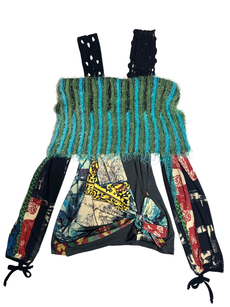 Vintage 2000s Y2K Save The Queen Subversive Abstract Print Off-the-Shoulder Long Sleeve Blouse with Knit Bolero Detail | Size M