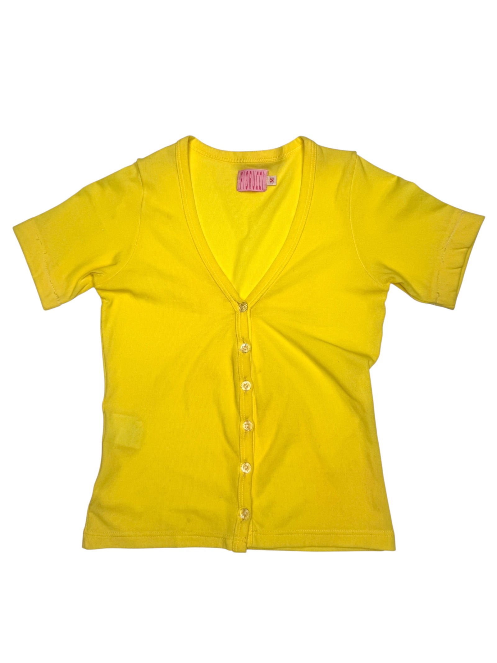 Vintage 90s Y2K Fiorucci Bright Yellow Short Sleeve Button Down V-Neck Mesh Top | Size XS-S