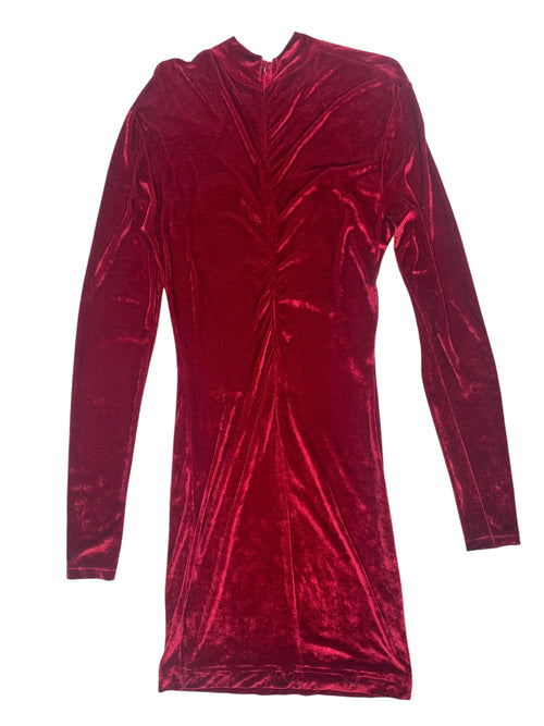 Vintage 80s Rocco Barocco Red Velvet Mockneck Long Sleeve Formal Dress with Mesh Cutout | Size XL