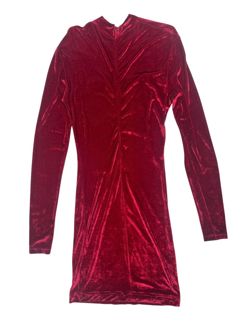 Vintage 80s Rocco Barocco Red Velvet Mockneck Long Sleeve Formal Dress with Mesh Cutout | Size XL