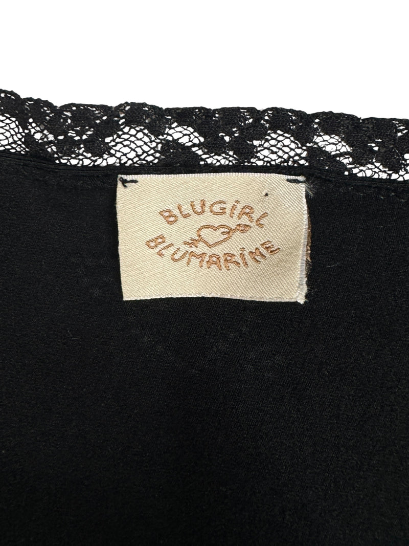 Vintage 2000s Y2K Blumarine Black Cropped Long Sleeve Bolero Style Lace Trim Blouse with Rhinestone Detail | Size M-L