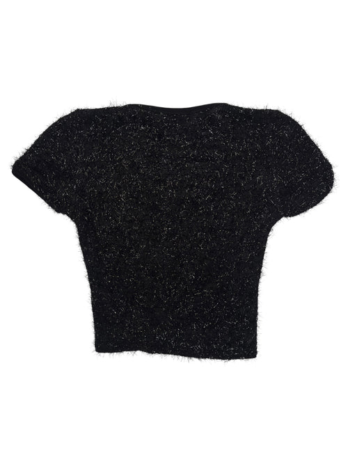 Vintage 2000s Y2K Black Fuzzy Metallic Sparkle Short Sleeve Cropped Top | Size XS-S