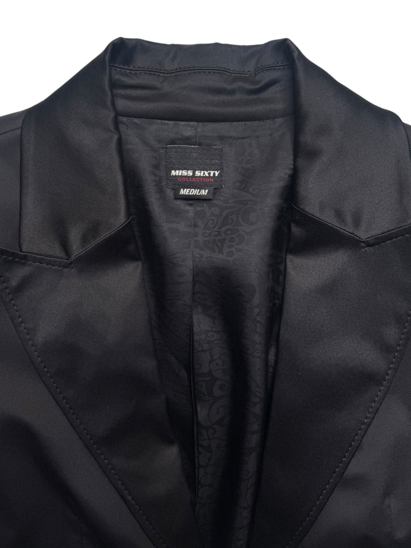 Vintage 2000s Y2K Miss Sixty Gothic Grunge Black Cropped Silky Blazer Jacket with Ruched Sleeves | Size S-M