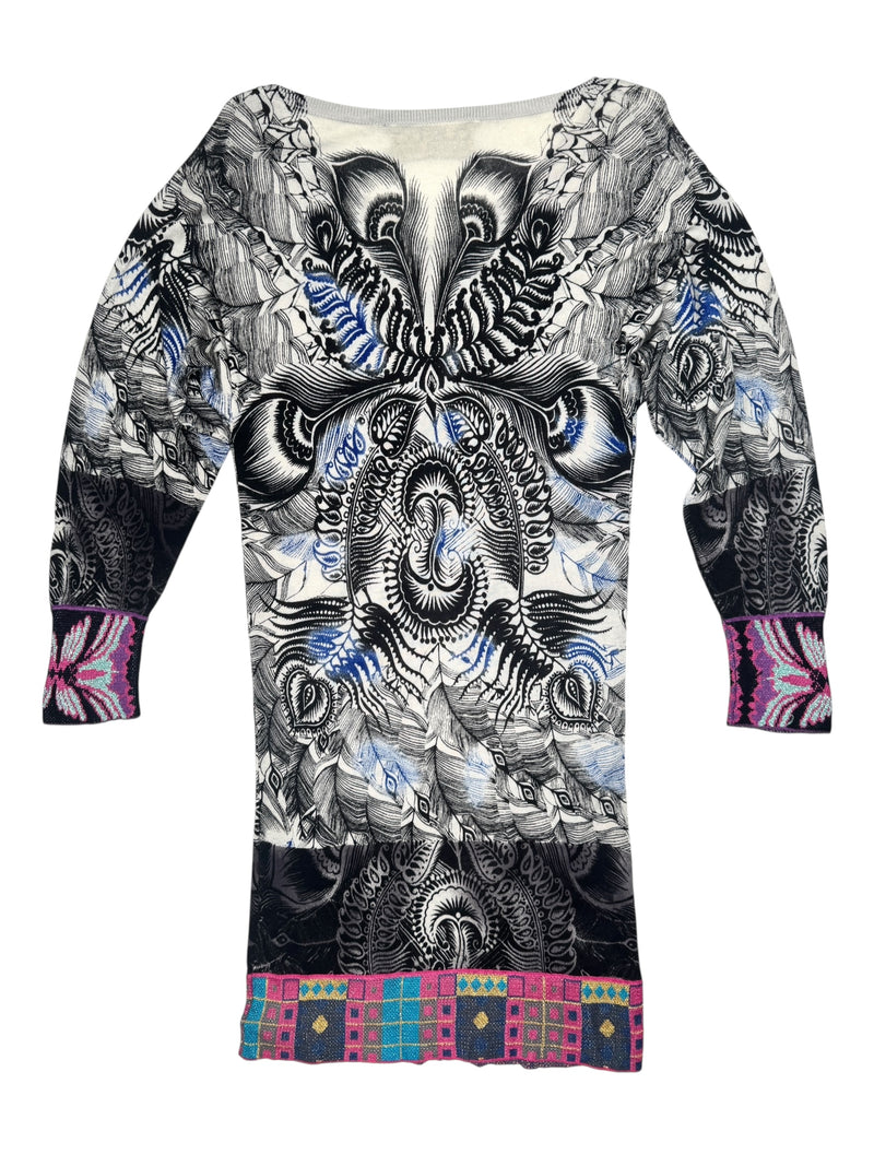 Vintage 2000s Y2K Custo Barcelona Wool Abstract Patterned Long Sleeve Above-the-Knee Knit Mini Dress | Size M