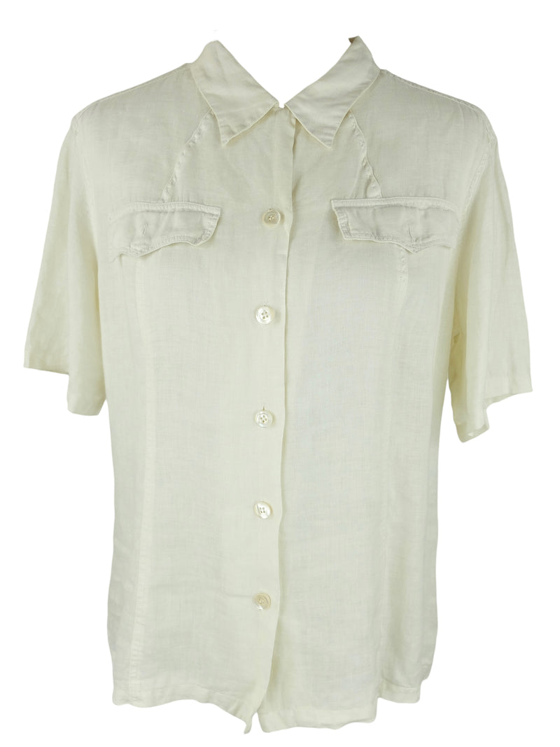 Vintage 90s Marella Designer Minimalist Solid Basic Cream White Collared Short Sleeve Button Up Shirt