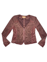 Vintage 2000s Brown Zip Up Suede-Look Lightweight Jacket with Faux Snakeskin & Ruching Detail | Size M