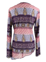 Vintage 2000s Y2K Bohemian Asymmetrical Pink & Purple Paisley Floral Patterned V-Neck Long Sleeve Blouse | Size L