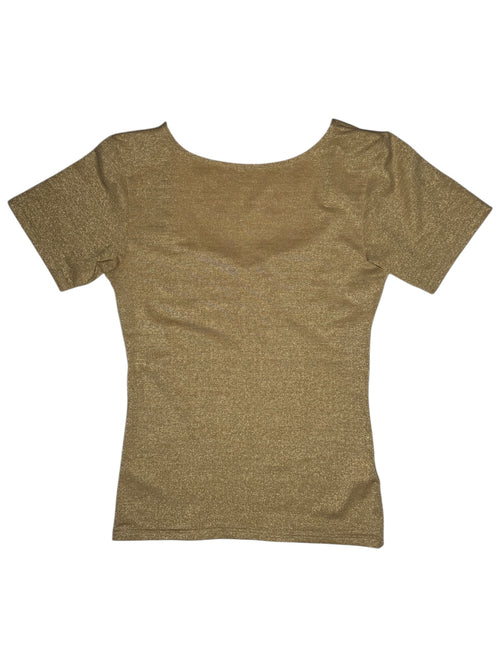 Vintage 2000s Metallic Gold Sparkle Sweetheart Neckline Short Sleeve Top | Size M