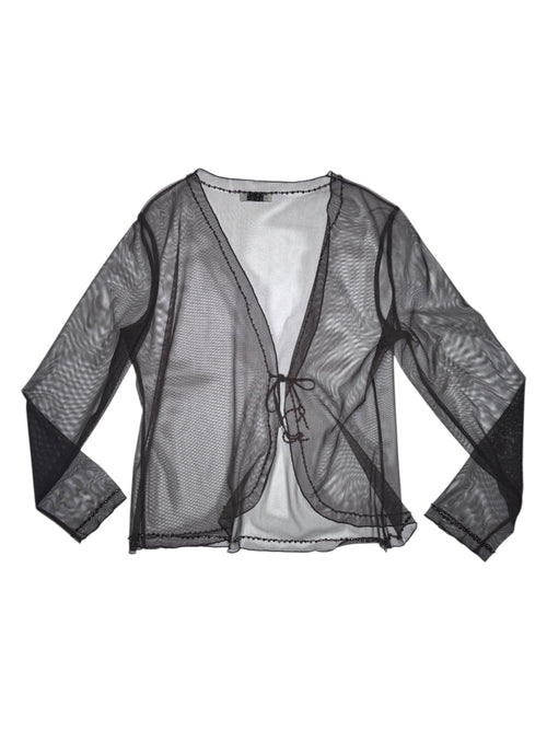 Vintage 2000s KRIZIA Brown Long Sleeve Sheer Mesh Top with Beaded Tie | Size L