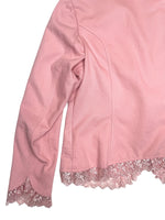 Vintage 2000s Y2K Preppy Chic Pastel Baby Pink Collared Cotton Blazer Jacket with Bedazzled Rhinestones | Size M