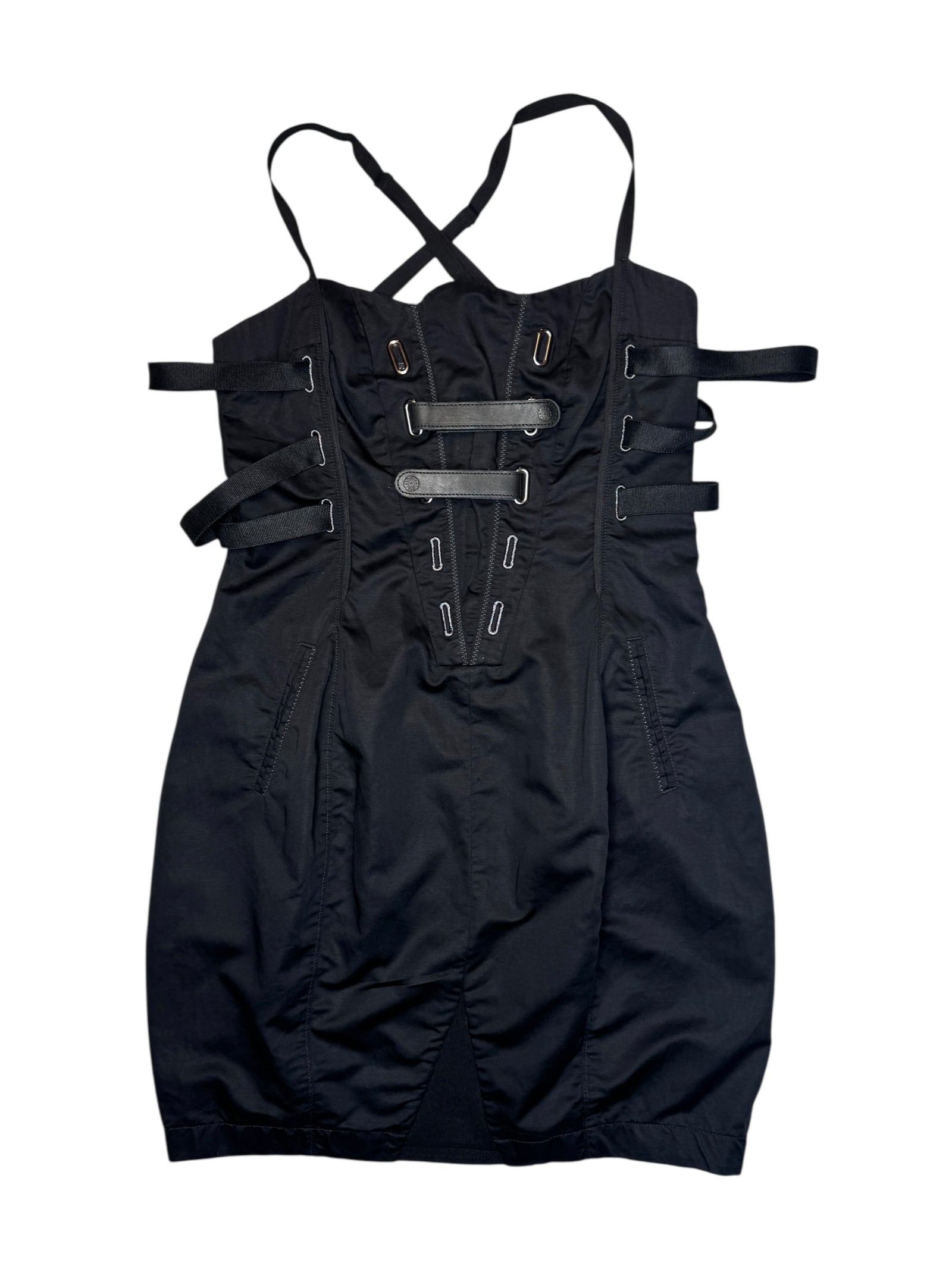 Marithé + François Girbaud S/S 2011 Runway Black Strappy Bondage Above-the-Knee Linen Blend Tank Dress | Size S