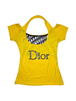 Vintage 2000s CHRISTIAN DIOR Yellow & Black Glitter Logo Layered Halter Off-the-Shoulder T-Shirt | Size S-M
