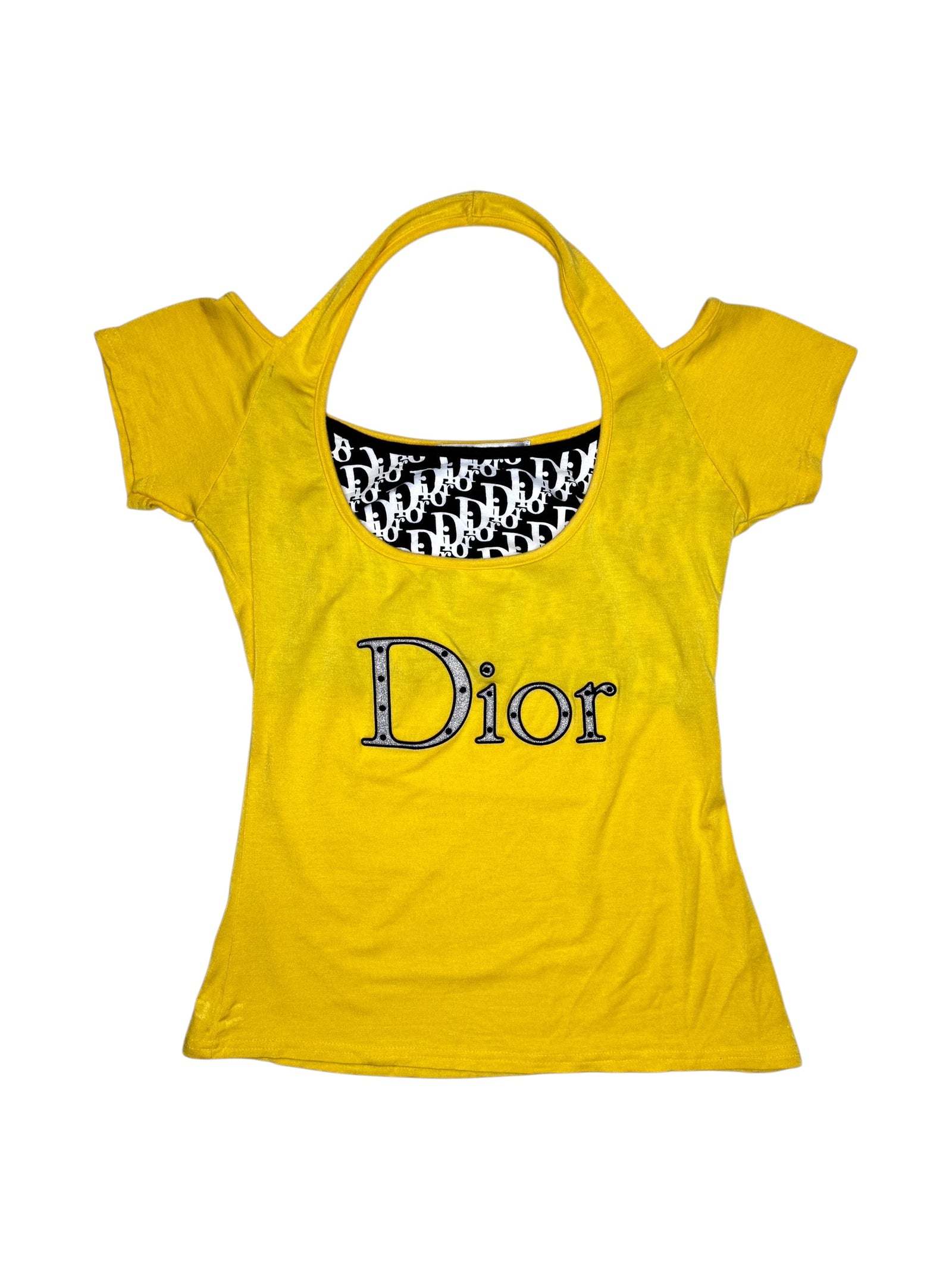 Vintage 2000s CHRISTIAN DIOR Yellow & Black Glitter Logo Layered Halter Off-the-Shoulder T-Shirt | Size S-M