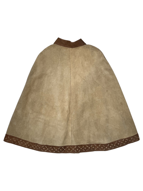 Vintage 70s Bohemian Hippie Tan & Brown Suede Leather Collared Snap Button Down Cape Poncho | Size M