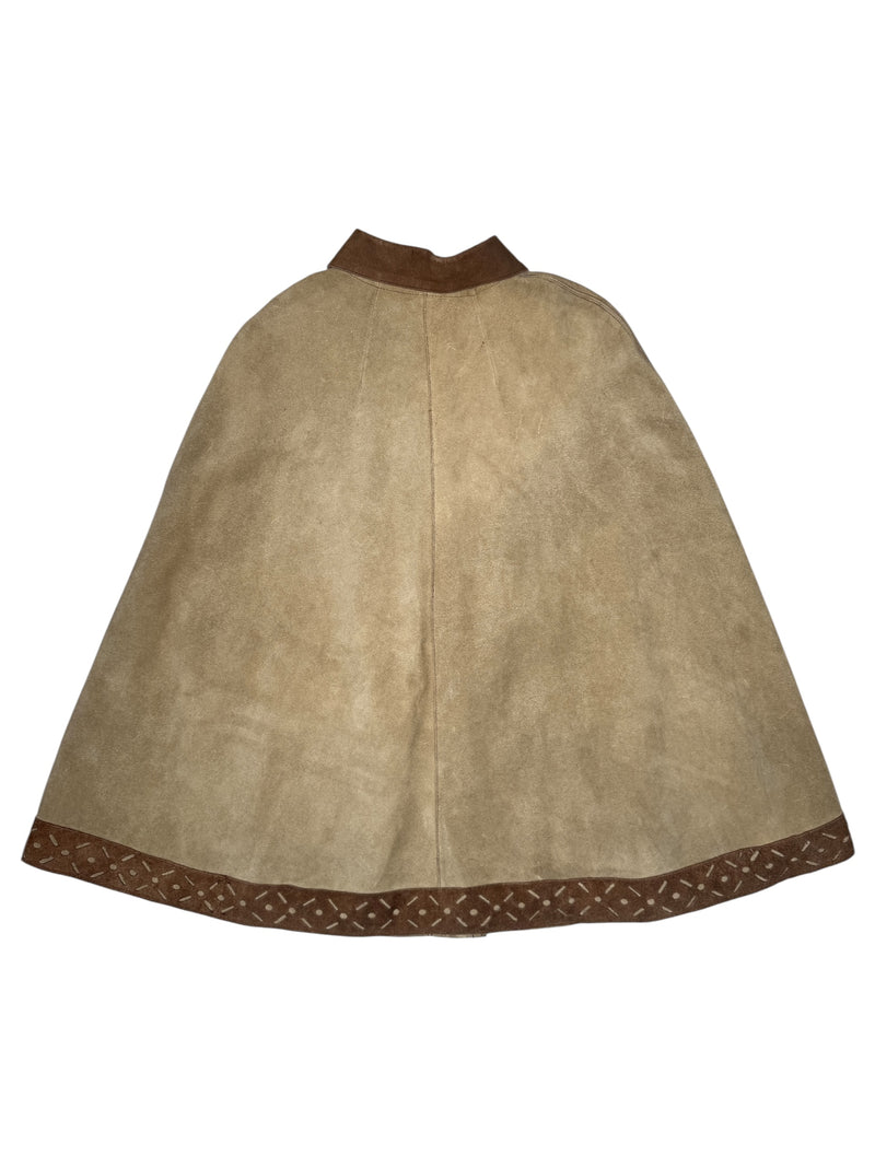 Vintage 70s Bohemian Hippie Tan & Brown Suede Leather Collared Snap Button Down Cape Poncho | Size M
