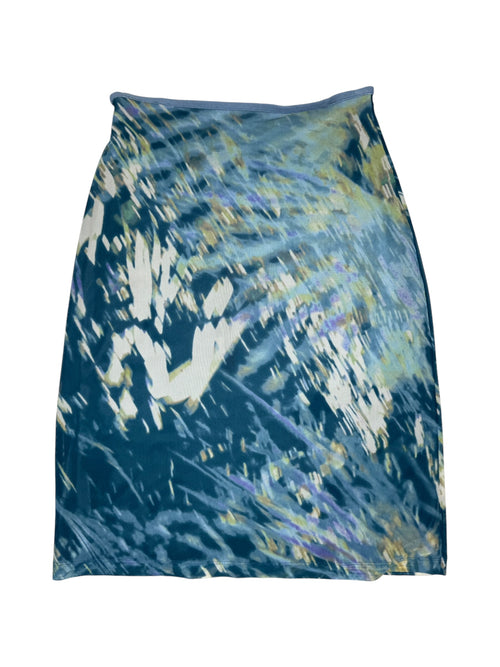Vintage 2000s Marella High Waisted Blue Abstract Patterned Chiffon Mesh Midi Skirt | 30 Inch Waist