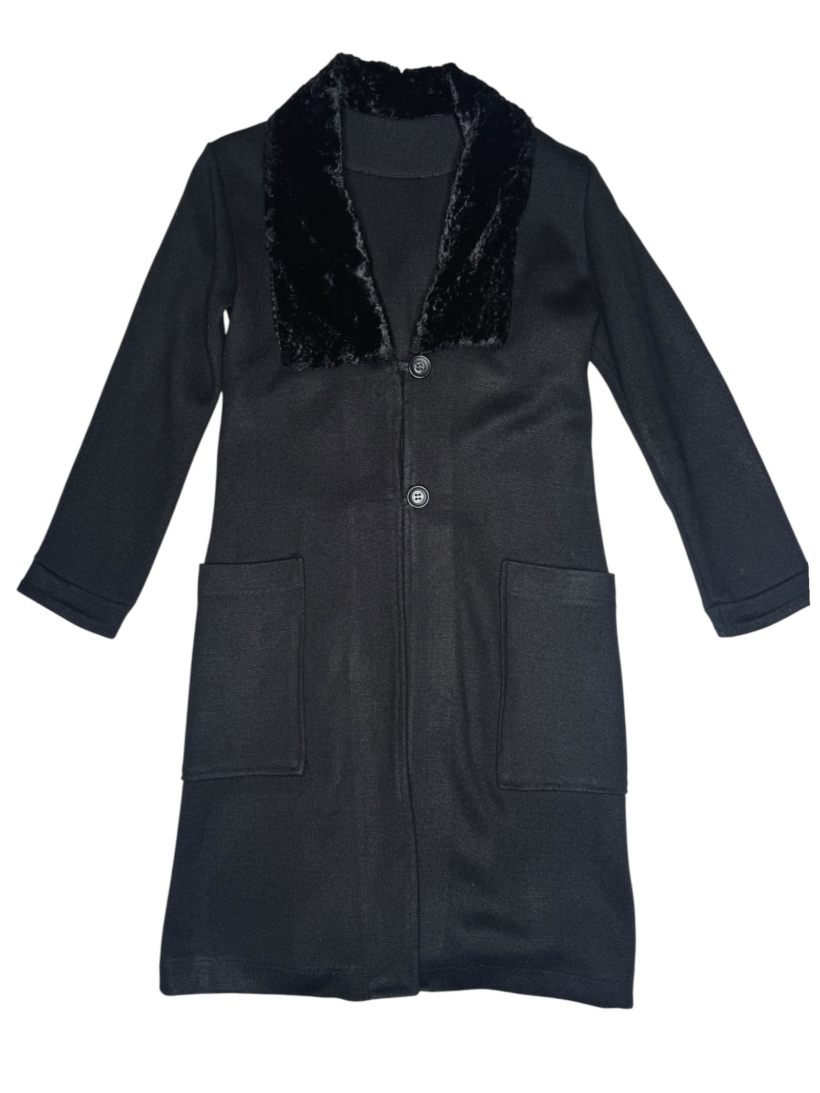 Vintage 90s Bohemian Chic Black Faux Fur Collared Button Down Midi Duster Cardigan Sweater with Pockets | Size XS