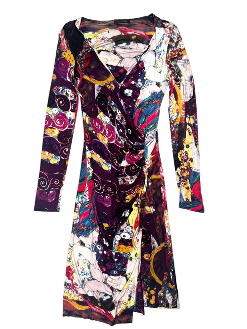 Vintage 2000s Y2K Roberto Cavalli Art Nouveau Purple Abstract Patterned Long Sleeve Dress | Size M