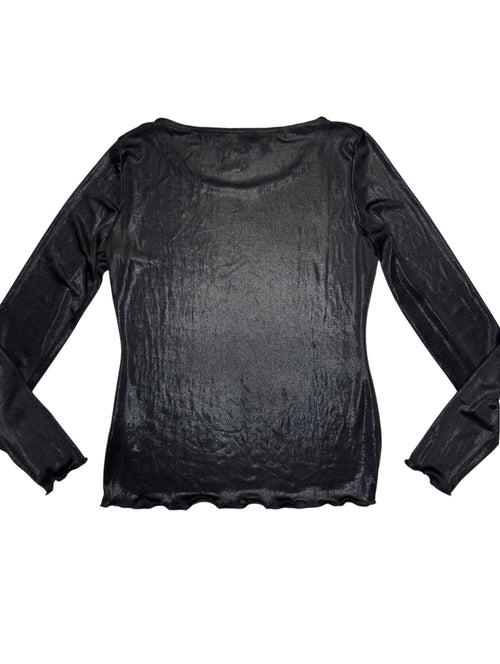 Vintage 2000s LES COPAINS Black Metallic Shimmer Long Sleeve Top with Lettuce Hem | Size S-M