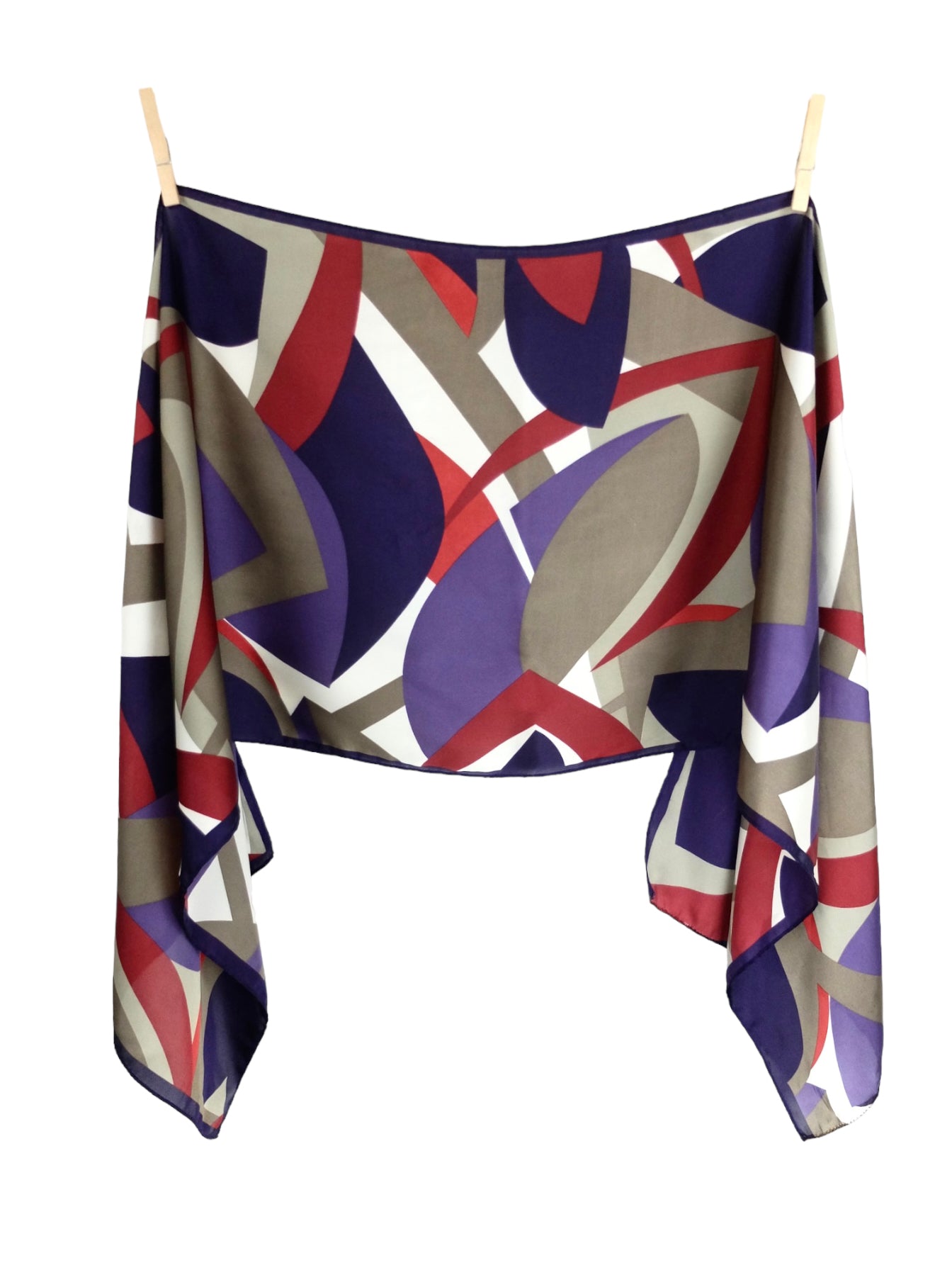 Vintage 80s Mod Chic Abstract Patterned Purple Red & Beige Long Wide Wrap Shawl Neck Tie Scarf